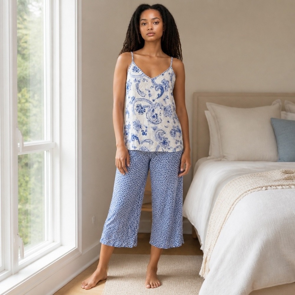 Flora Nikrooz 2PC Pajama Set Blue Floral Women's‎ XL Rayon Cottagecore Feminine